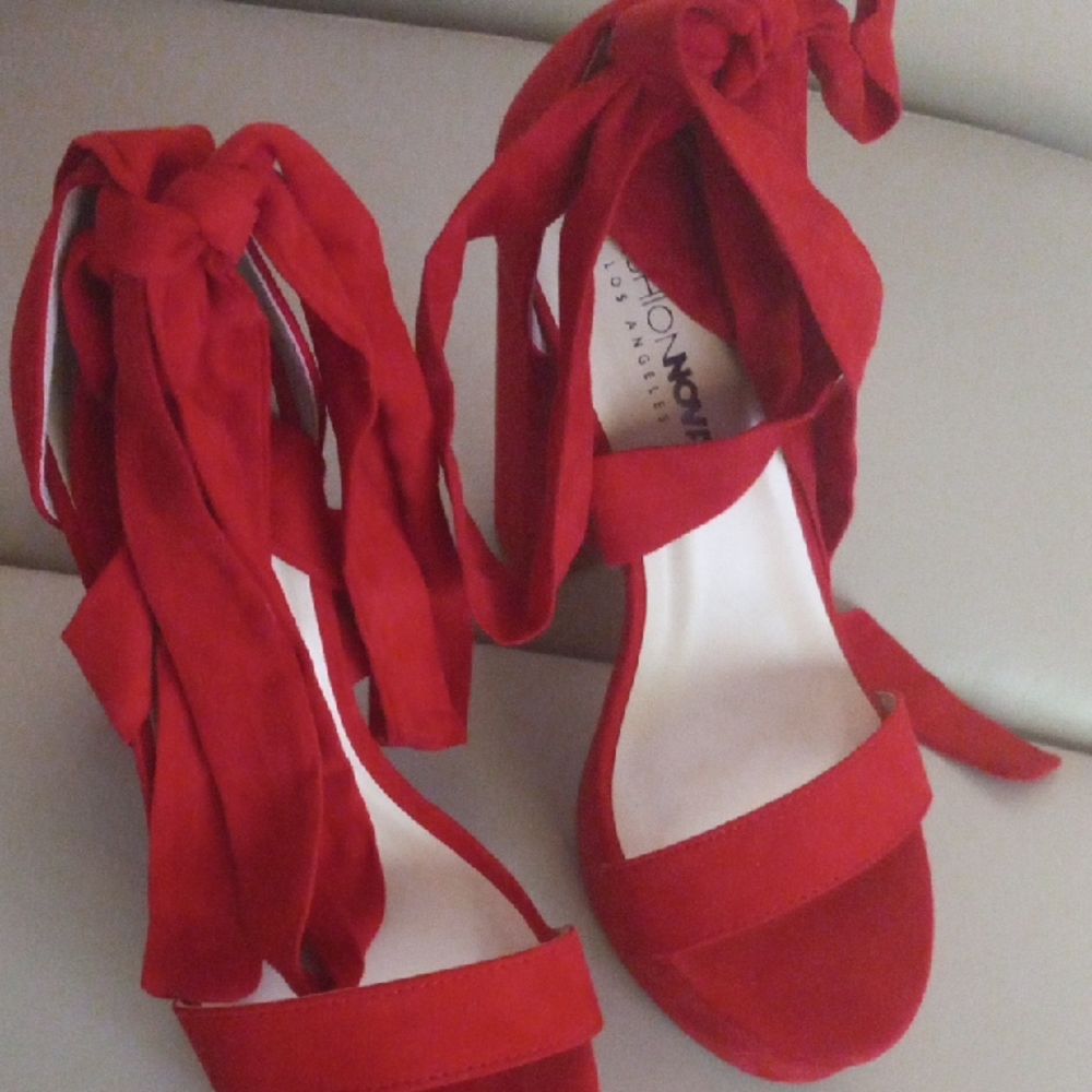 Fashion Nova Red Suede Ankle-Tie Sandals Size: - Picture 3 of 17